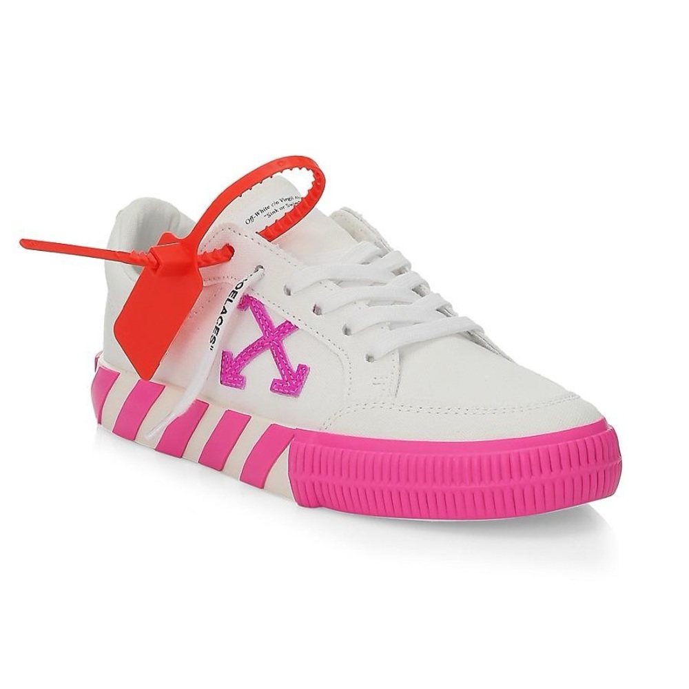 Off-White Pink and White Sneakers with Diagonal Stripes